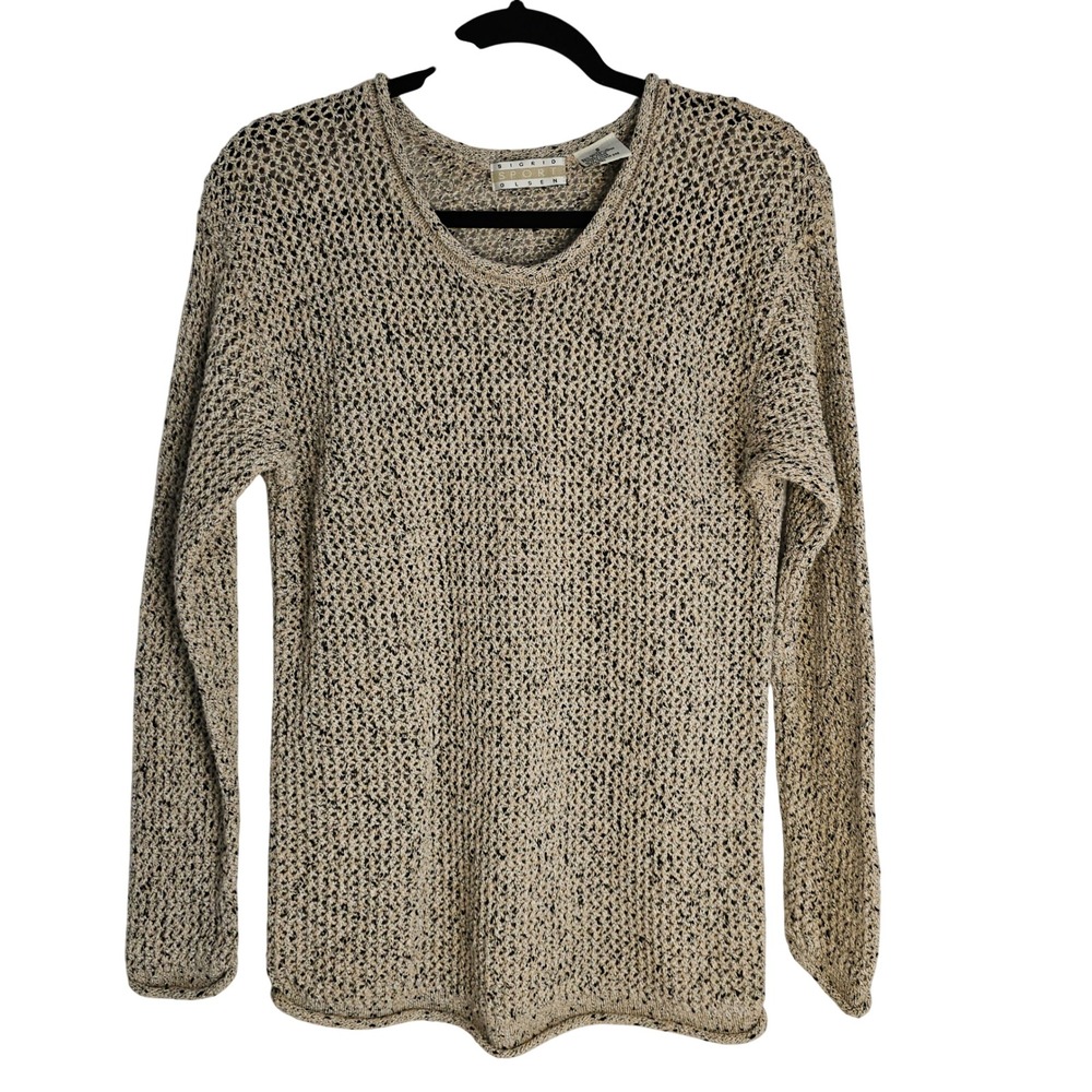 Sigrid Olsen Sport Womens Tan Black Open Textured Knit Sweater S Coastal Minimal